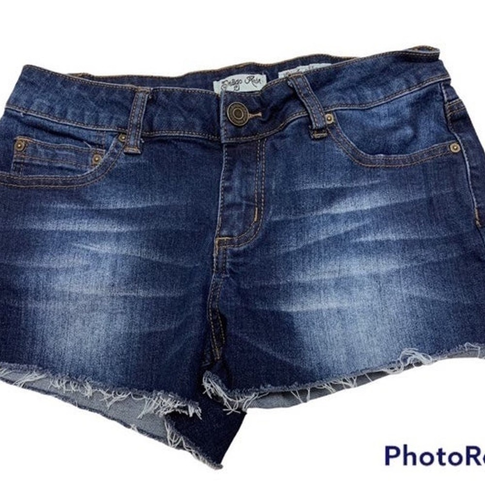 Indigo Rein Raw Hem Hi-Rise Shortie Booty Jean Shorts, Dark Blue Wash Denim Sz 7
